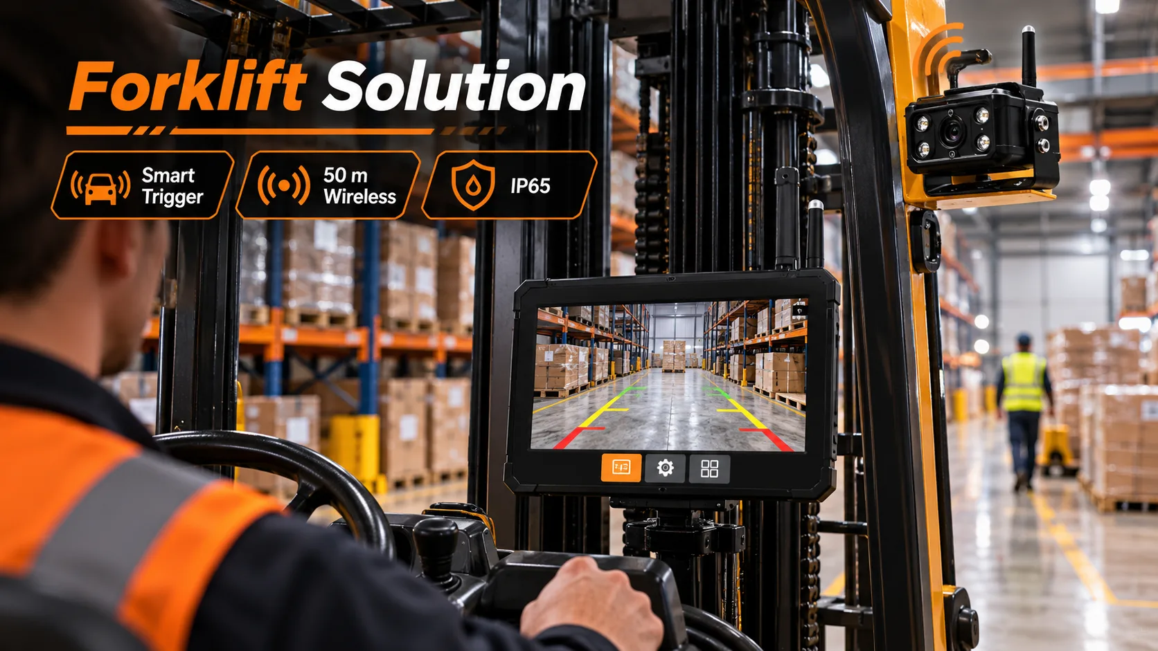 Forklift wireless camera system in warehouse