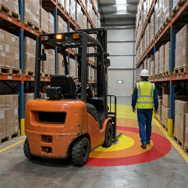 Reversing radar warning zones behind a counterbalance forklift