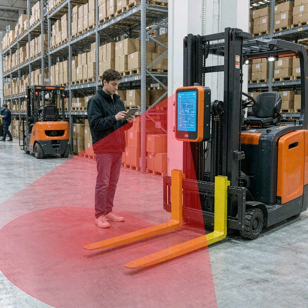 Forklift approaching a pedestrian with an AI collision avoidance warning zone