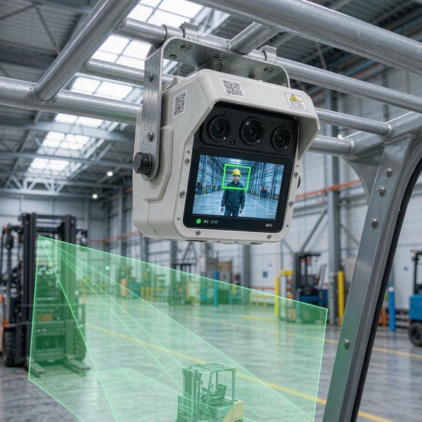 AI safety camera mounted on a forklift detecting a pedestrian in a warehouse aisle