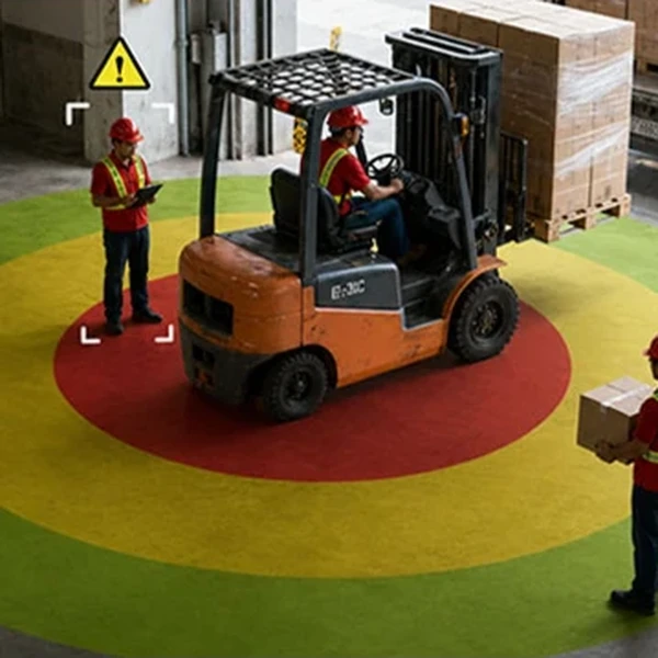 Forklift surrounded by red warning and yellow caution detection zones with workers nearby