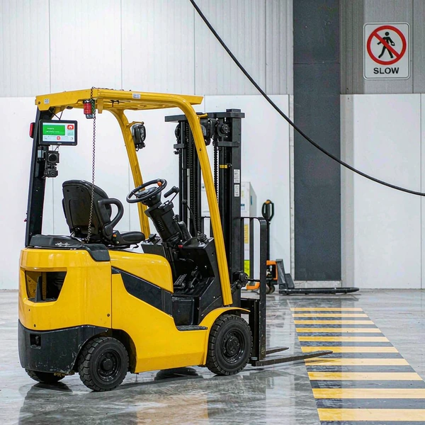 Forklift slowing down at a marked pedestrian crossing inside a warehouse