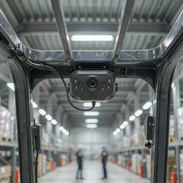 AI pedestrian detection camera mounted under the forklift overhead guard