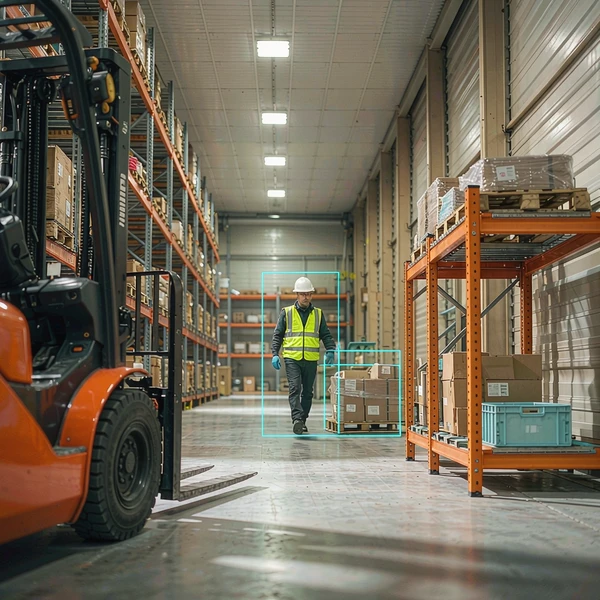 AI forklift pedestrian detection camera identifying a worker in a warehouse aisle