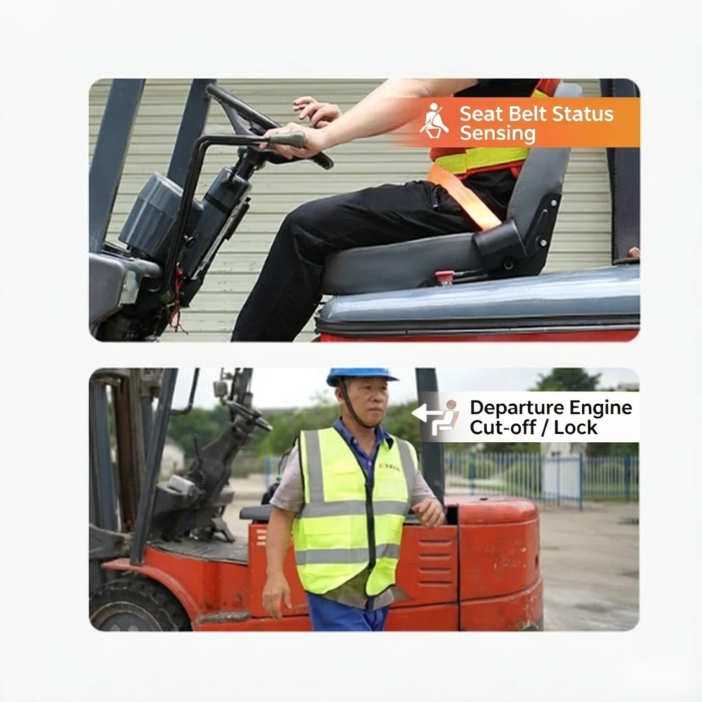 SF-152 seat belt status sensing and departure engine cut-off functions